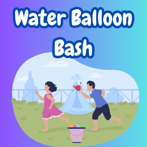 An image of two teens throwing water balloons at each other. The top of the image reads "Water Balloon Bash". 