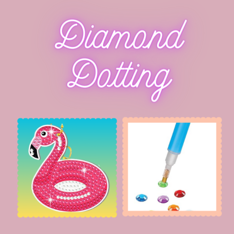 The top of the image reads "Diamond Dotting". Below that there is a picture of a flamingo and next to that is a picture of the diamonds and tools you will use to make this type of craft. 