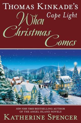 The image shows the cover of the book Cape Light by Thomas Kinkade & Katherine Spencer. It shows a village covered in show with a Christmas tree outside.