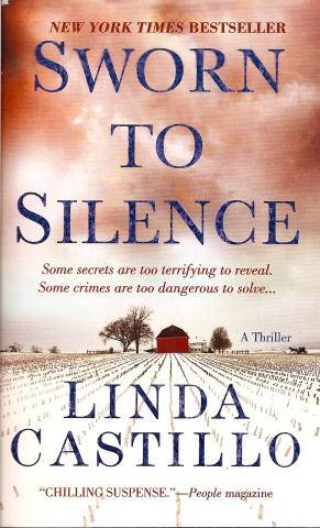 The image is a cover of the book Sworn to Silence by Linda Castillo. It shows a farmers field that has been harvested. There is a house and barn in the distance. Everything has a layer of snow covering it. 