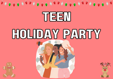 The image depicts teens at a holiday party. 