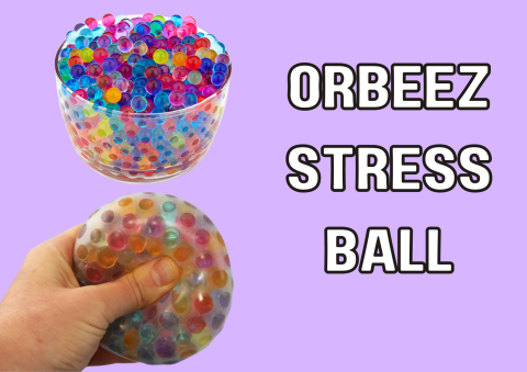 The image shows Orbeez in a bowl. Below that it shows Orbeez in a balloon being squeezed by a hand. 