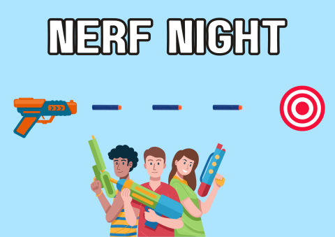 The image depicts teens holding nerf guns. Above that is nerf bullets hitting a target.