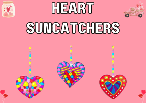 The image shows suncatchers in the shape of hearts.