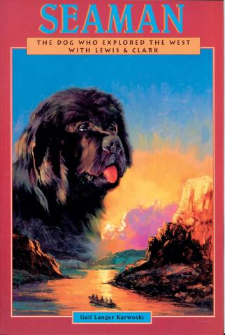 Book cover illustration of a large dog with a colorful landscape and river background.