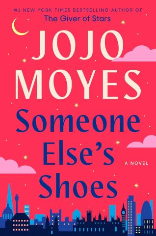 Book cover titled "Someone Else's Shoes" by Jojo Moyes with a red background, stars, clouds, and a city skyline.