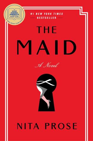 Red book cover of "The Maid" by Nita Prose with an abstract maid illustration inside a keyhole.