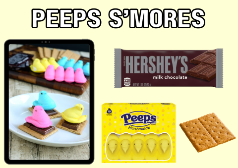 The image shows Peeps on top of a graham cracker. Hershey's chocolate is added on top to create a s'more.