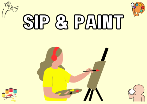 The image shows a teenager painting and sipping a drink.