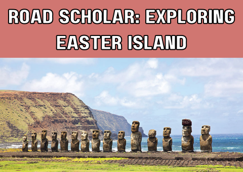 The image shows a picture of carved statues of people made out of rock on Easter Island. 