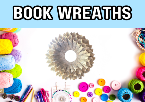 The image shows a wreath made out of paper from a book.