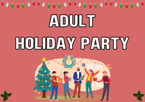 The image shows adults partying together with Christmas decorations around them.