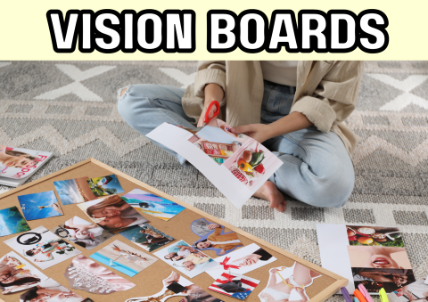 The image shows a woman cutting out pictures from a magazine and making a collage.