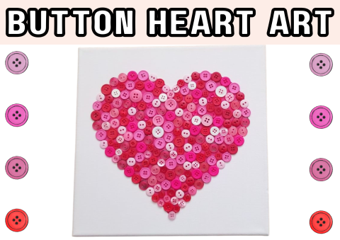 The image shows pink buttons glued onto a canvas in the shape of a heart.