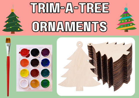 The image shows wooden tree ornaments, paint, and a paintbrush. 