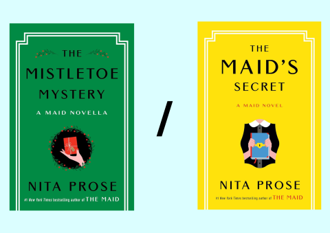 The image shows the covers of The Mistletoe Mystery/The Maid's Secret by Nita Prose.