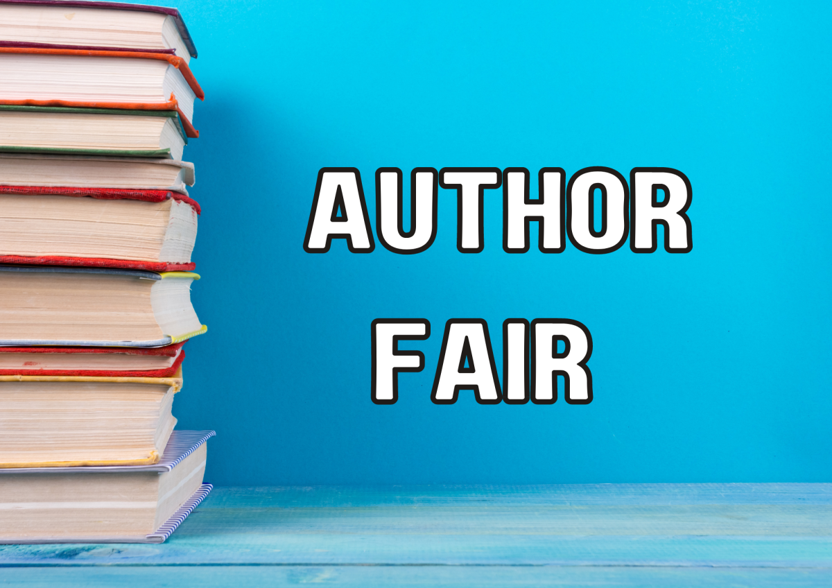 The image shows a stack of books. The text reads "Author Fair".