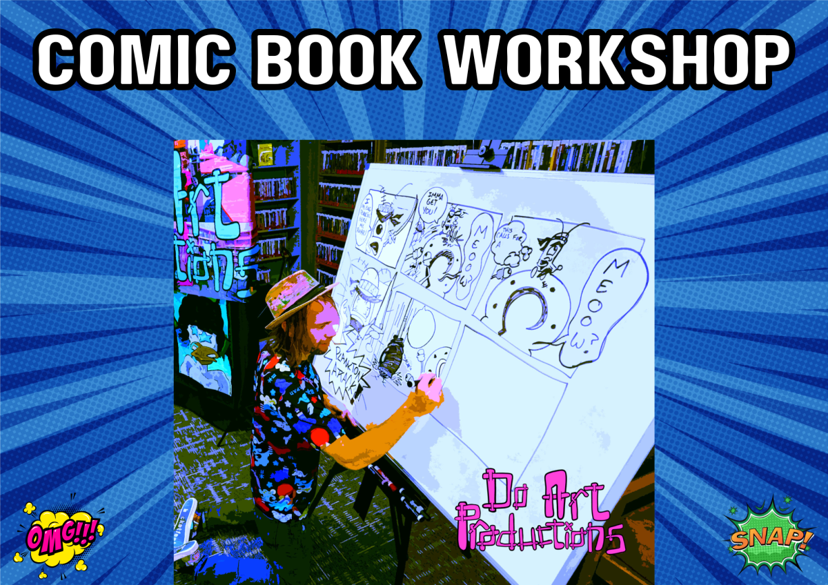 The image shows a man creating a comic book. 