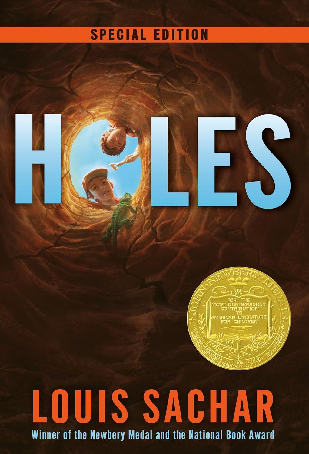 Cover of "Holes" by Louis Sachar featuring boys looking down a hole and a Newbery Medal.