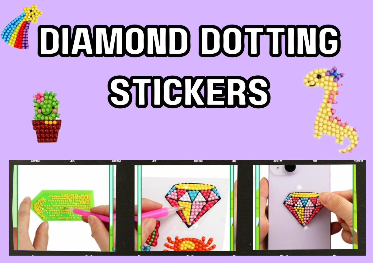 The image shows a person putting colorful diamonds in a design to make a cute sticker. 