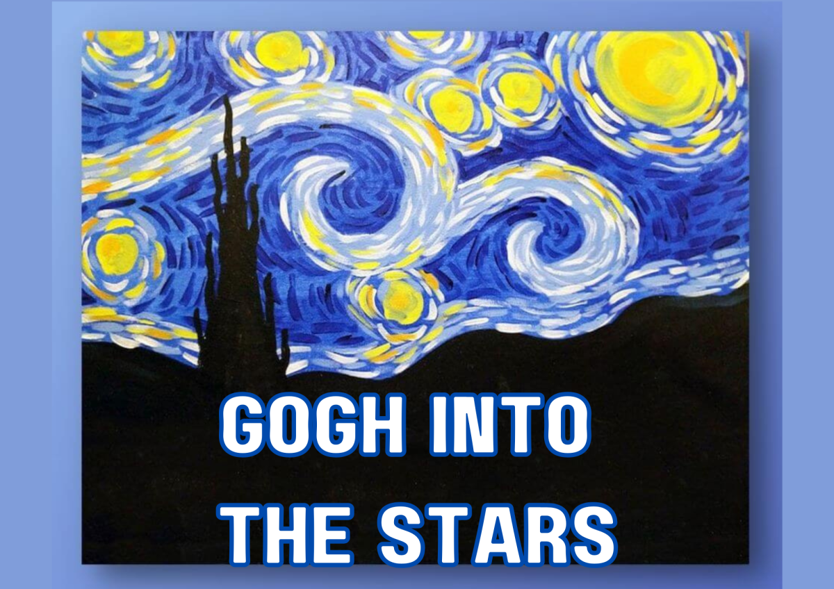 The image shows a starry night sky painted in blue swirls with yellow stars. 