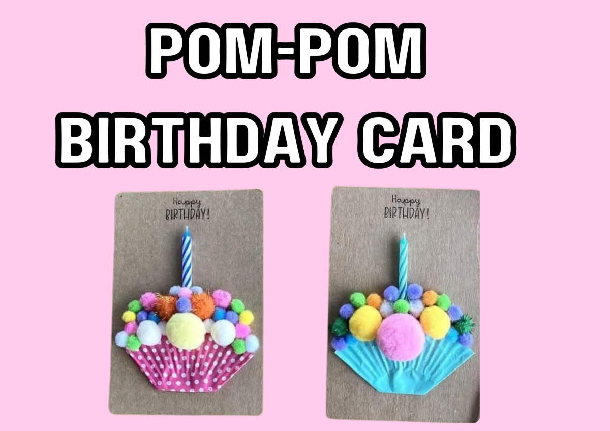 The image shows birthday cards with a pom-pom cupcake on the front. 