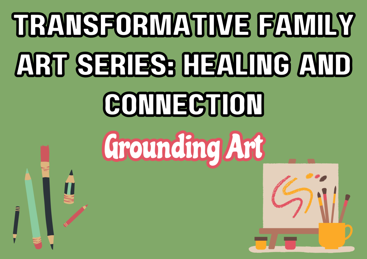 The image shows art supplies and a canvas with squiggles on it. 