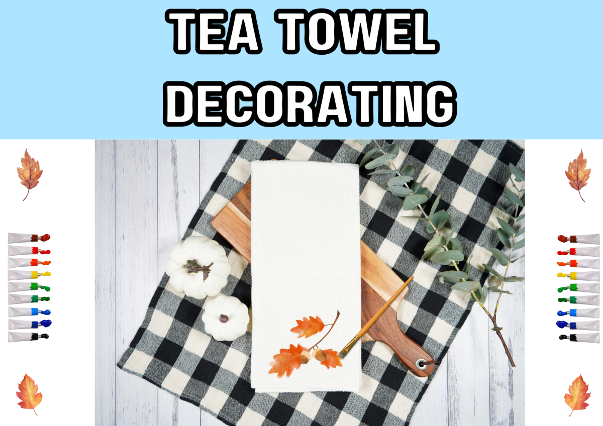 Image shows a tea towel with fall decorations. 