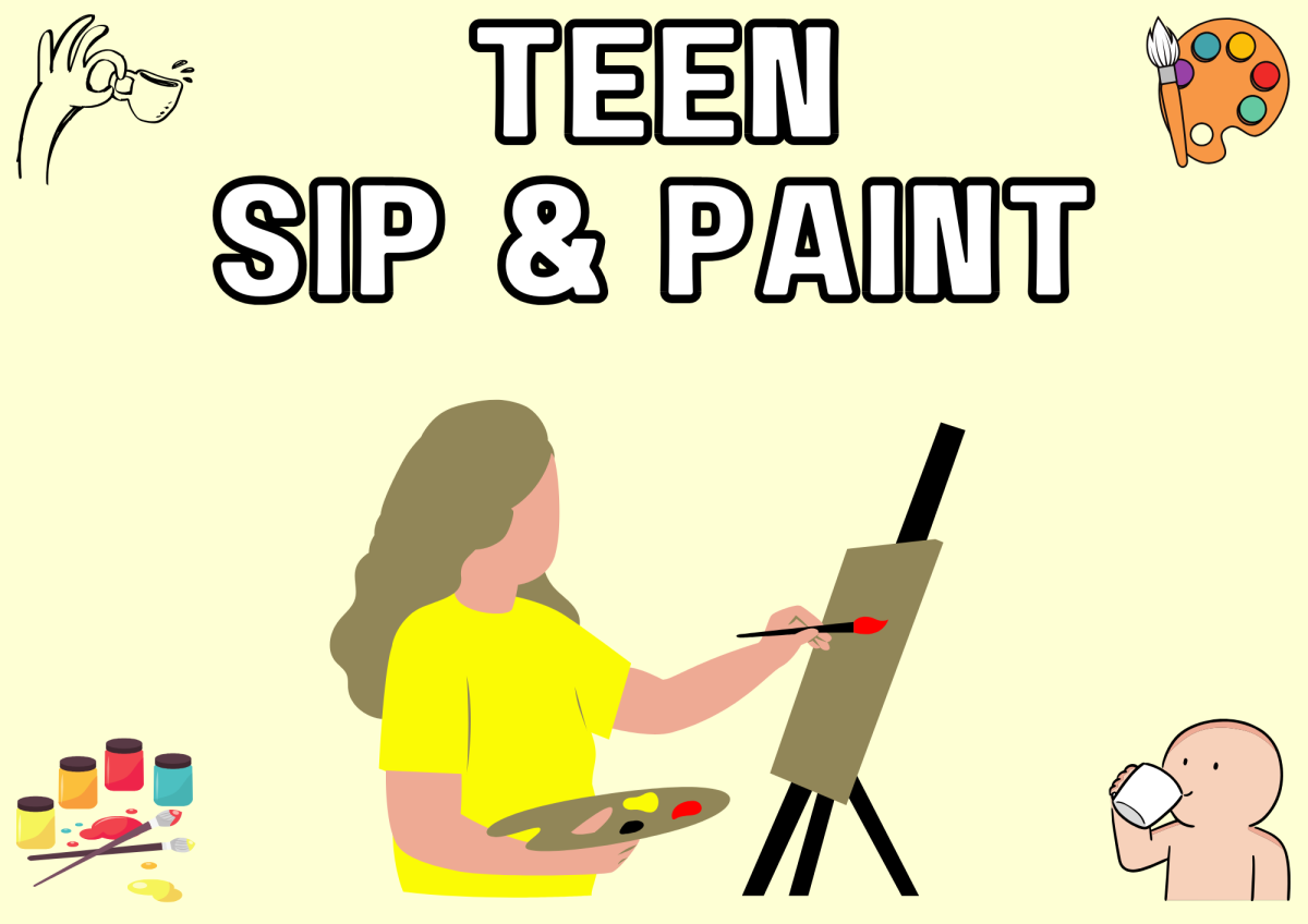 The image shows a teen painting and a sipping from a cup.
