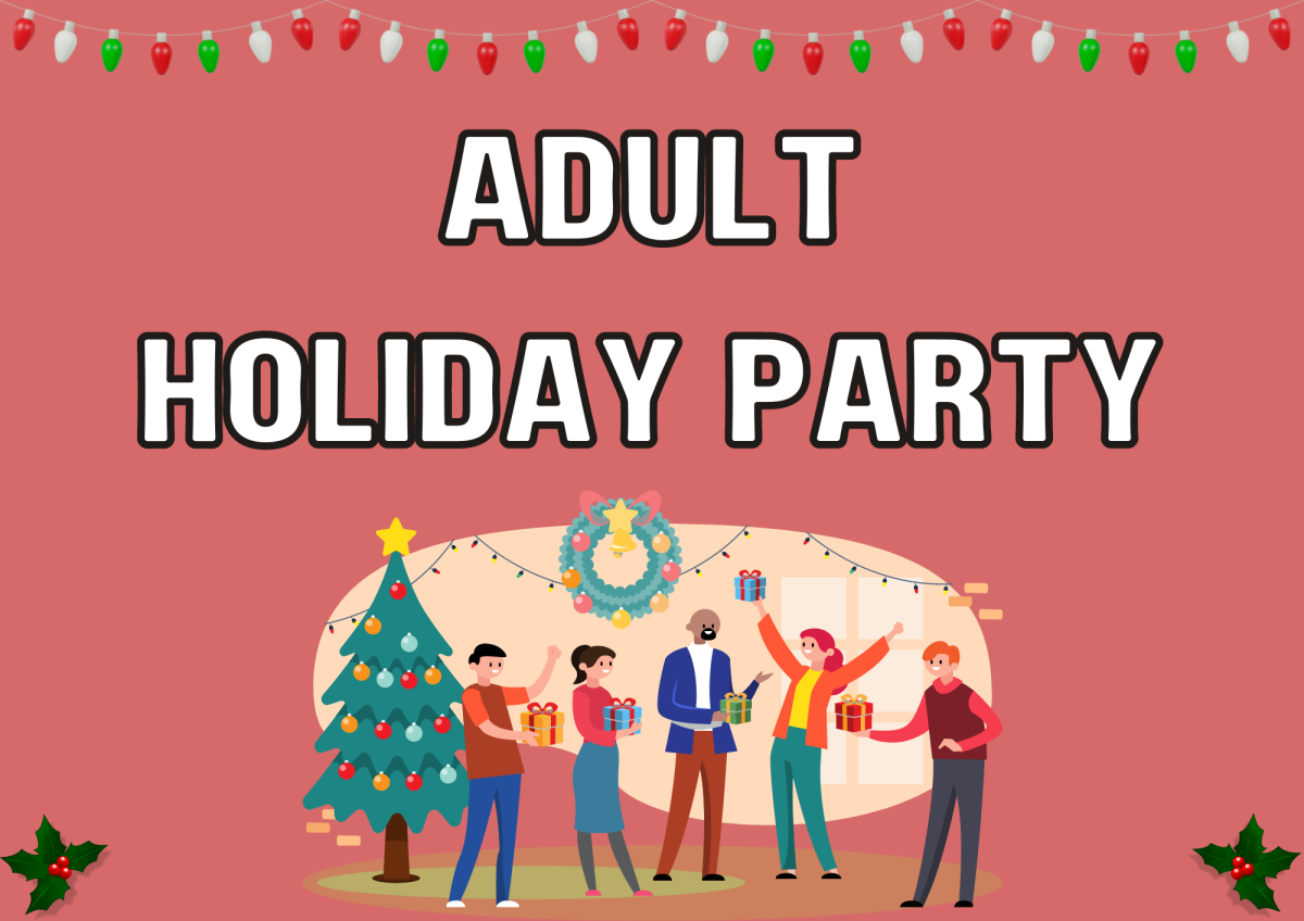 The image shows adults partying together with Christmas decorations around them.
