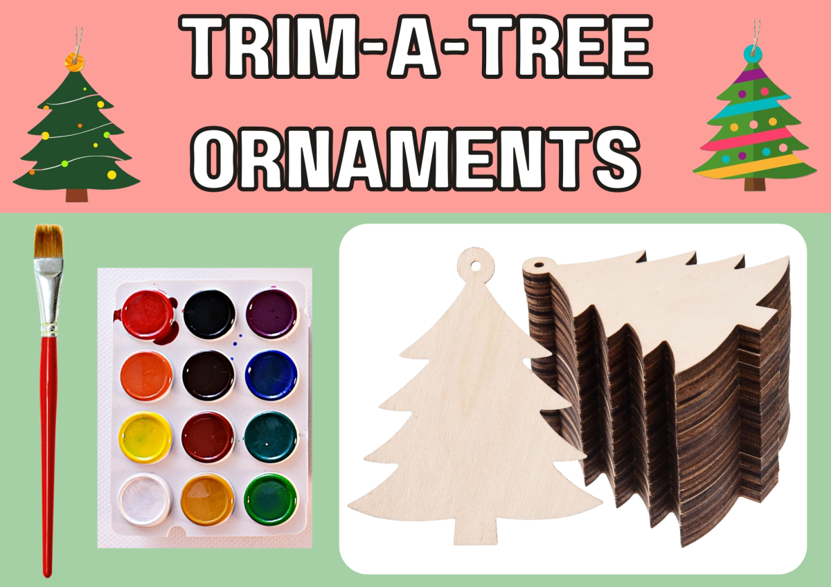 The image shows wooden tree ornaments, paint, and a paintbrush. 