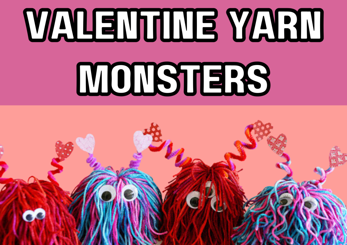 The image shows monsters made out of yarn and googly eyes.